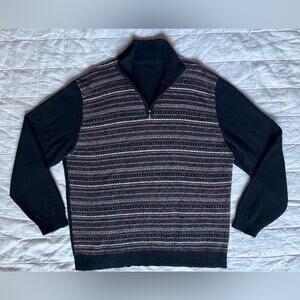 Black Multicolor Scandinavian Fair Isle Stripe Quarter Zip Baby Alpaca Blend-LRG